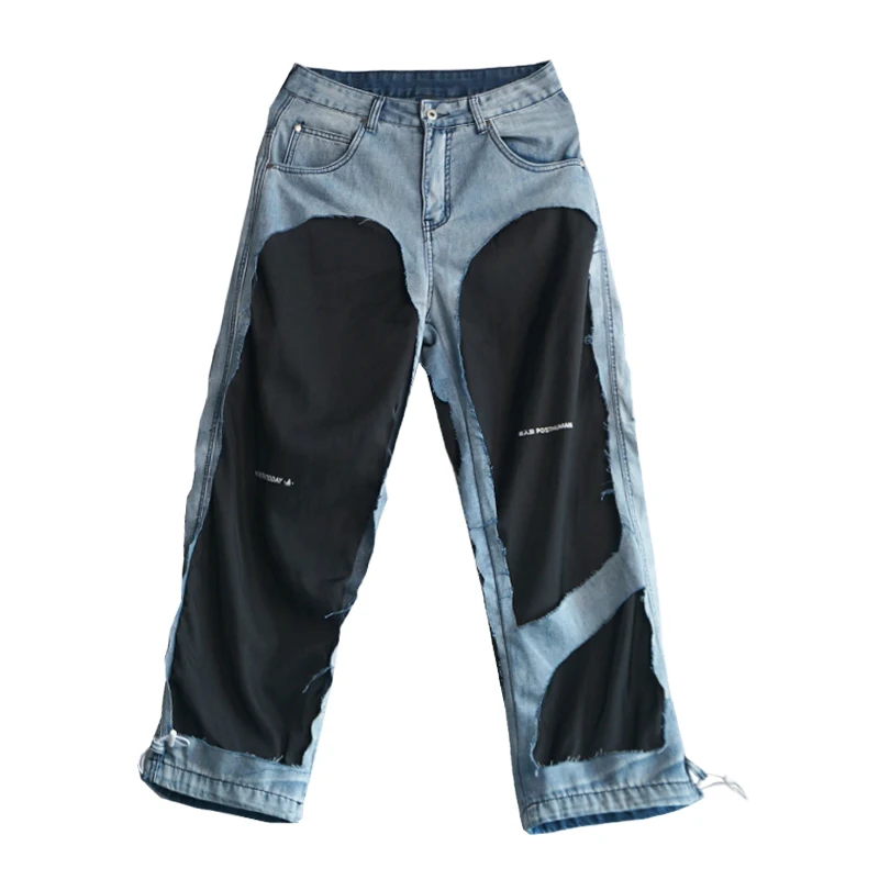 Рваные джинсы Лоскутные хип хоп свободные длинные прямые брюки мужские новые