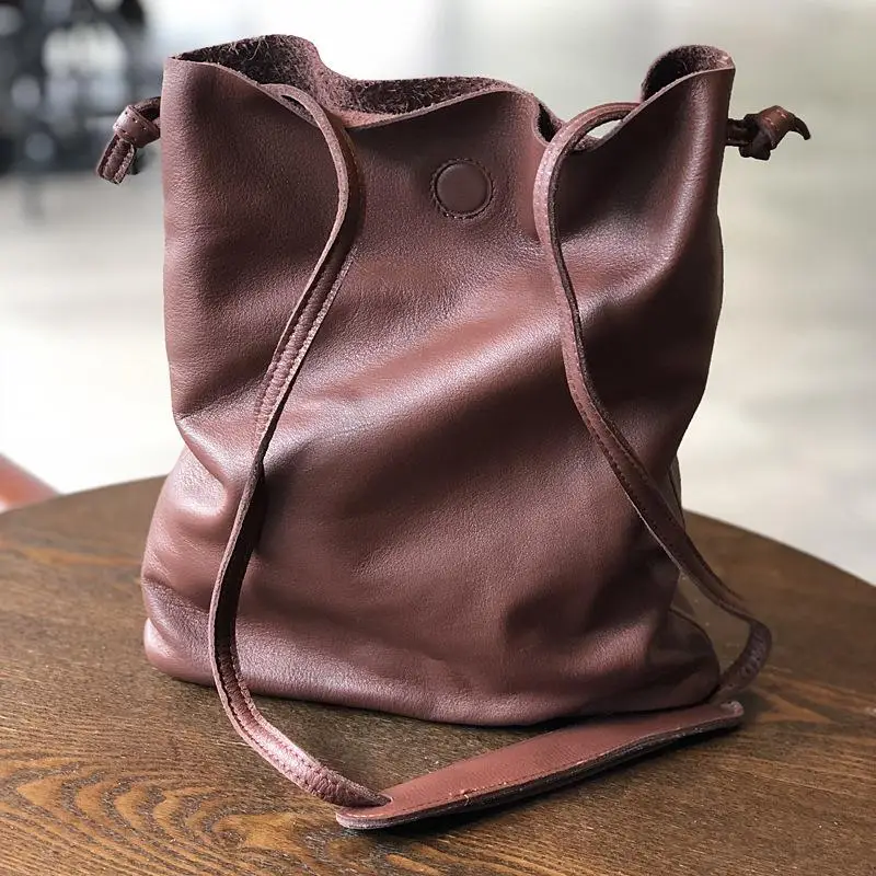 

Simple First Layer Cowhide Women Bucket Bag Casual Tote 2021 New Soft Leather Large Capacity Shoulder Messenger Bags