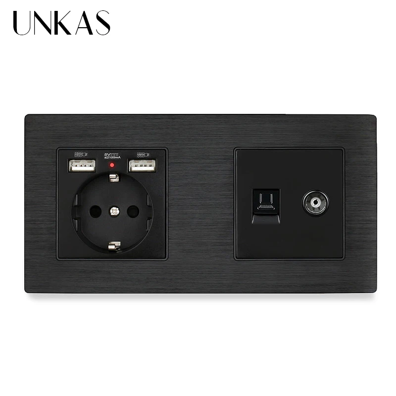 UNKAS Алюминий Панель Европейская розетка с Dual USB + RJ11 телефонное гнездо RJ45 данных