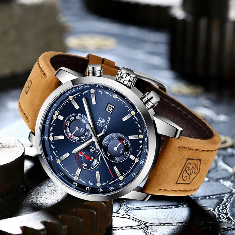 BENYAR 2022 New Mens Watches Top Luxury Brand Quartz Chronograph Watch Men Fashion Military Sport Leather Clock Reloj Hombre | Наручные