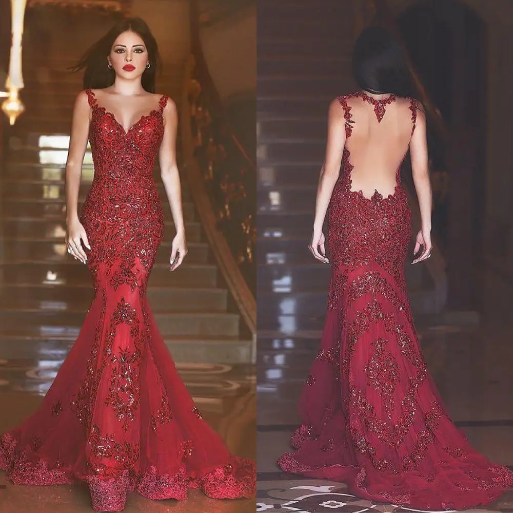 

Arabic Burgundy Evening Dresses Mermaid Illusion Back Sequins Sweetheart Lace Applique Dubai Luxury Formal Party Prom Gowns 2022