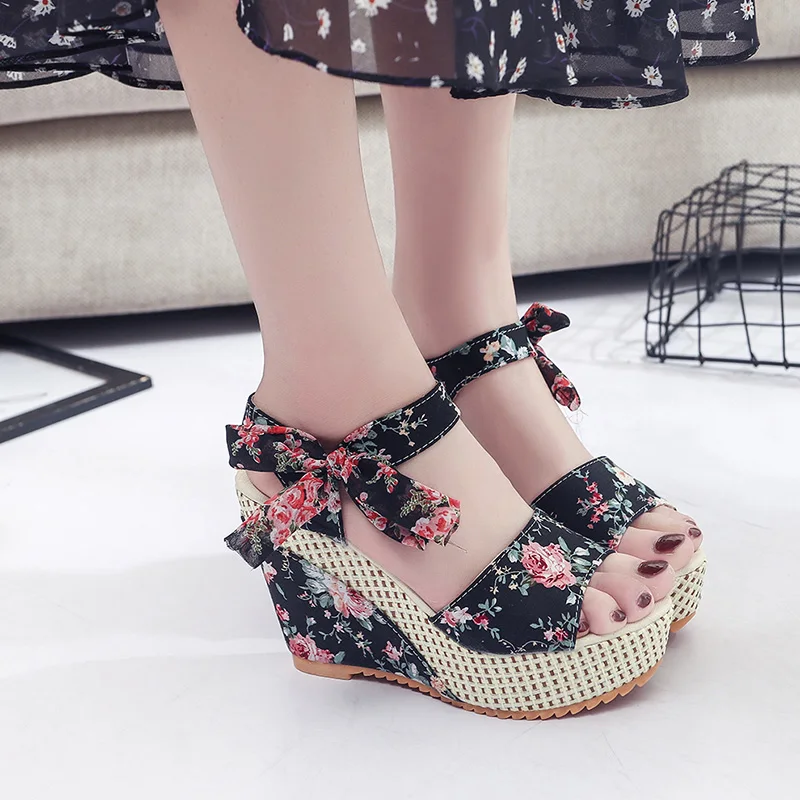 

Women Sandals Dot Bowknot Design Platform Wedge Female Casual High Increas Shoes Ladies Fashion Ankle Strap Open Toe Sandals