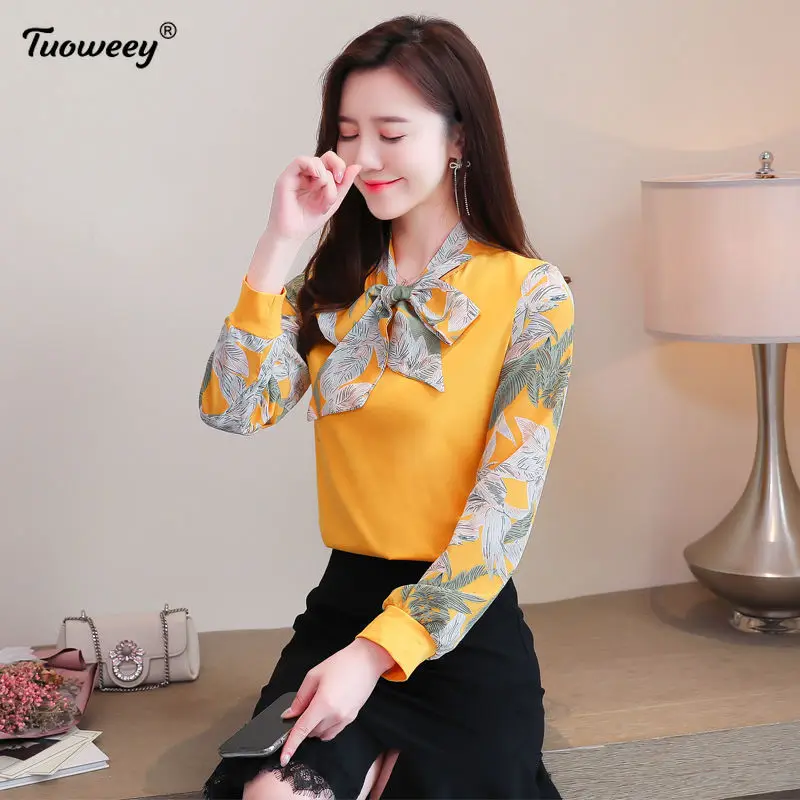 

Элегантная Женская Офисная рубашка размера плюс, винтажный топ с цветочным принтом, шифоновая блузка с бантом на воротнике, осенне-весенние...