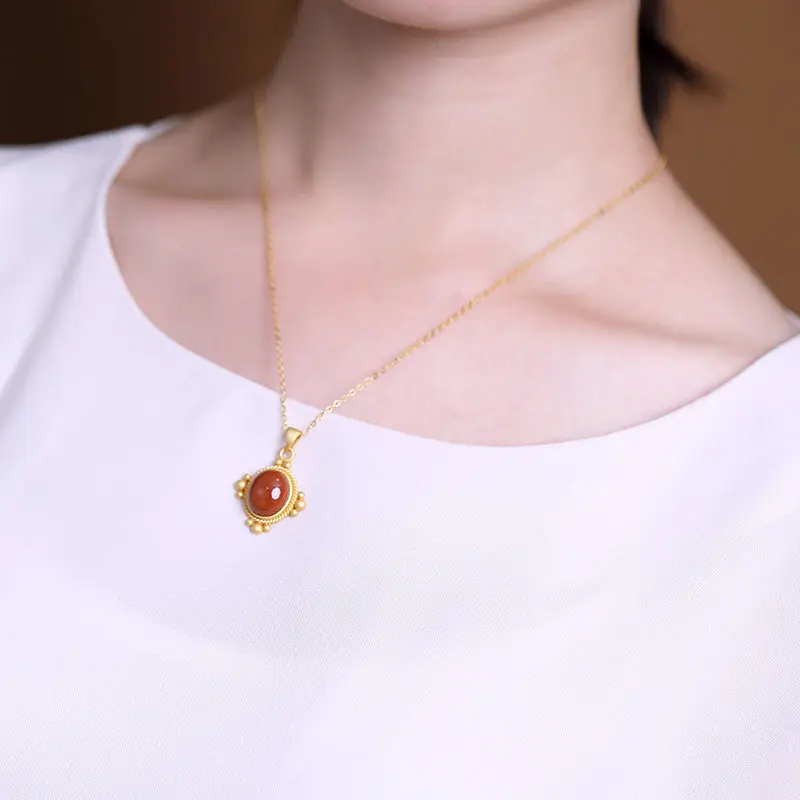 

silver inlaid natural South Red Pendant Necklace Chinese style retro court style elegant minority charm women's brand jewelry