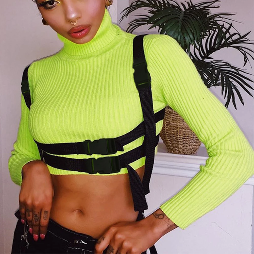 Неоново зеленая футболка для женщин с длинным рукавом укороченный топ Харадзюку