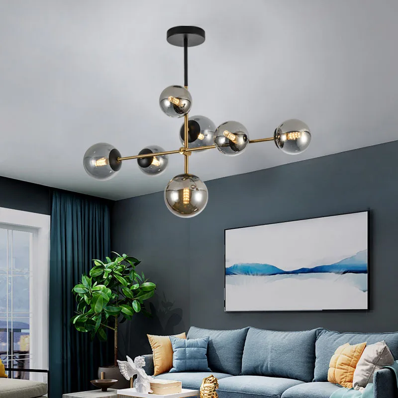 Candelabro nórdico minimalista, lámpara de decoración creativa y minimalista, luz Molecular, bola de cristal, color negro y dorado