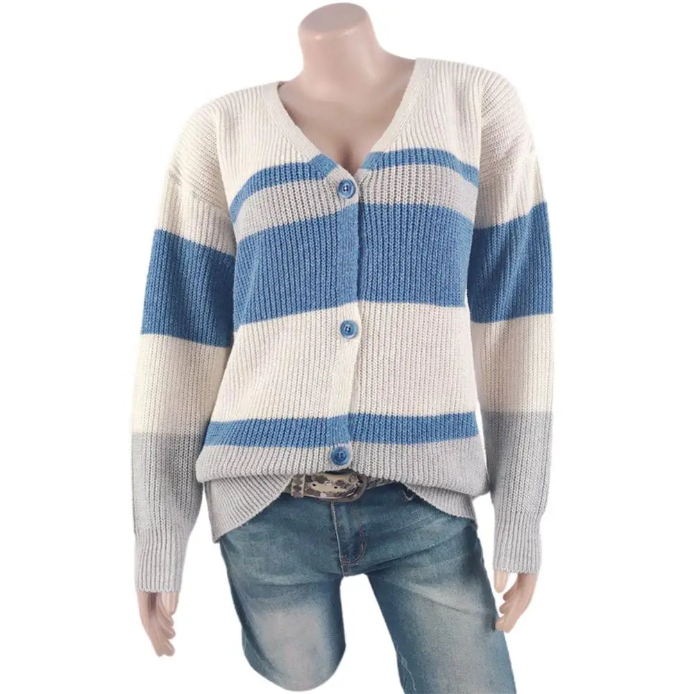 

Женский трикотажный кардиган в полоску, свитер-кардиган с длинными рукавами и пуговицами