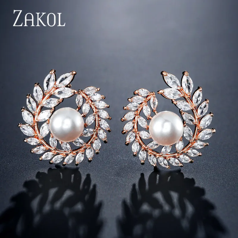 ZAKOL роскошные свадебные серьги-гвоздики с искусственным жемчугом с кубическим цирконием для женщин модные свадебные украшения в виде листьев FSEP2358
