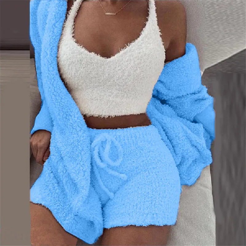 

Autumn and winter plush homewear casual 3-piece pajamas long-sleeved vest shorts suit