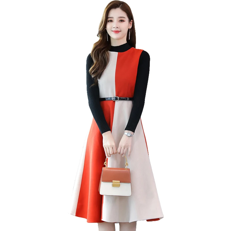 

New temperament women's knitted sweater in the long section of slim fit was thin stitching sleeveless woolen dress two-piece