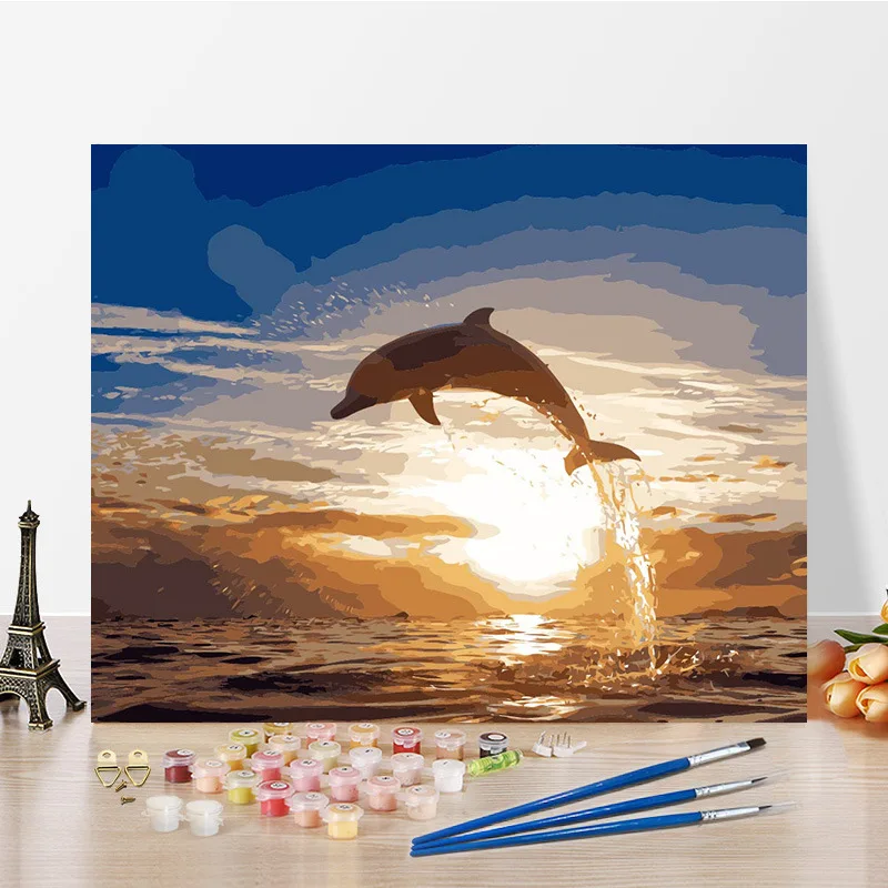 Sunset Dolphin Paint By Numbers Coloring Hand Painted Home Decor Kits Drawing Canvas DIY Oil Painting Pictures By Numbers