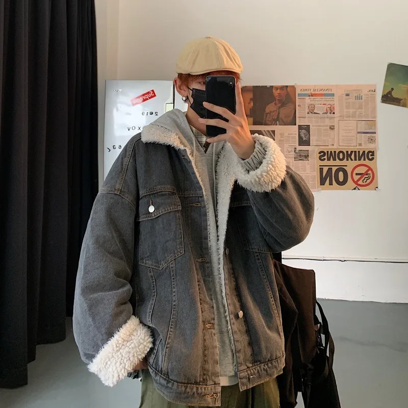 Winter Plus Velvet Thick Denim Jacket Men's Warm Parka Men Fashion Lamb Fur Coat Man Loose Cotton Denim Jacket Male Clothes