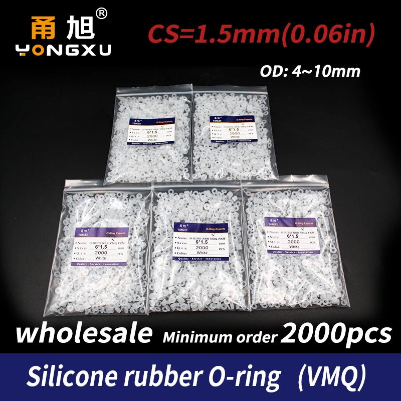 

2000PCS/lot wholesale White Silicon O-ring Food grade Silicone/VMQ 1.5mm Thickness OD4/5/6/7/8/9/10mm O Ring Seal Rubber Gasket