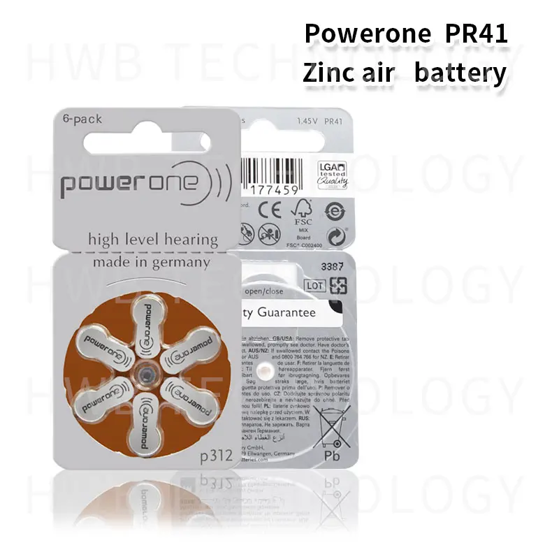 1pack(6PCS) Powerone 60 Zinc air batteries Size 312 P312 PR41 for hearing aid free shipping | Электроника