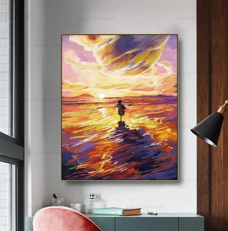 

Abstract Art Printing Oil Painting Gold Red Sunset Boy Running Clouds Customized Waterproof Ink Printing Frameless Canvas Poster