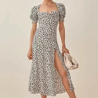 2021 summer women fashion leopard print dresses short puff sleeve square collar side split midi dress receive waist slim vestido