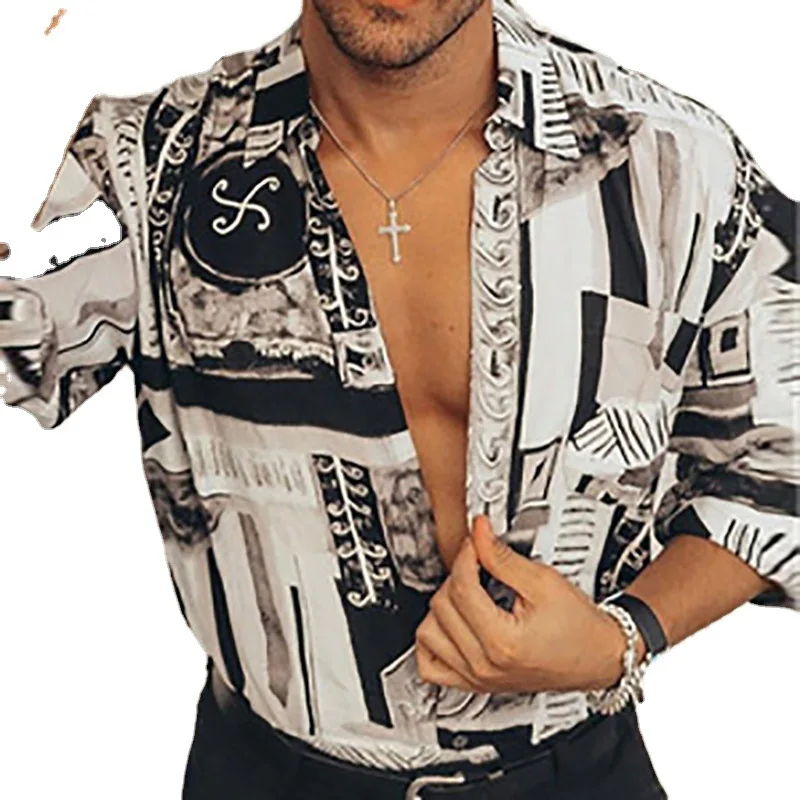 

Summer Menswear European and American Printed Loose Short Sleeve Shirt Lapel Youth Shirt Men Clothing Button up Shirt