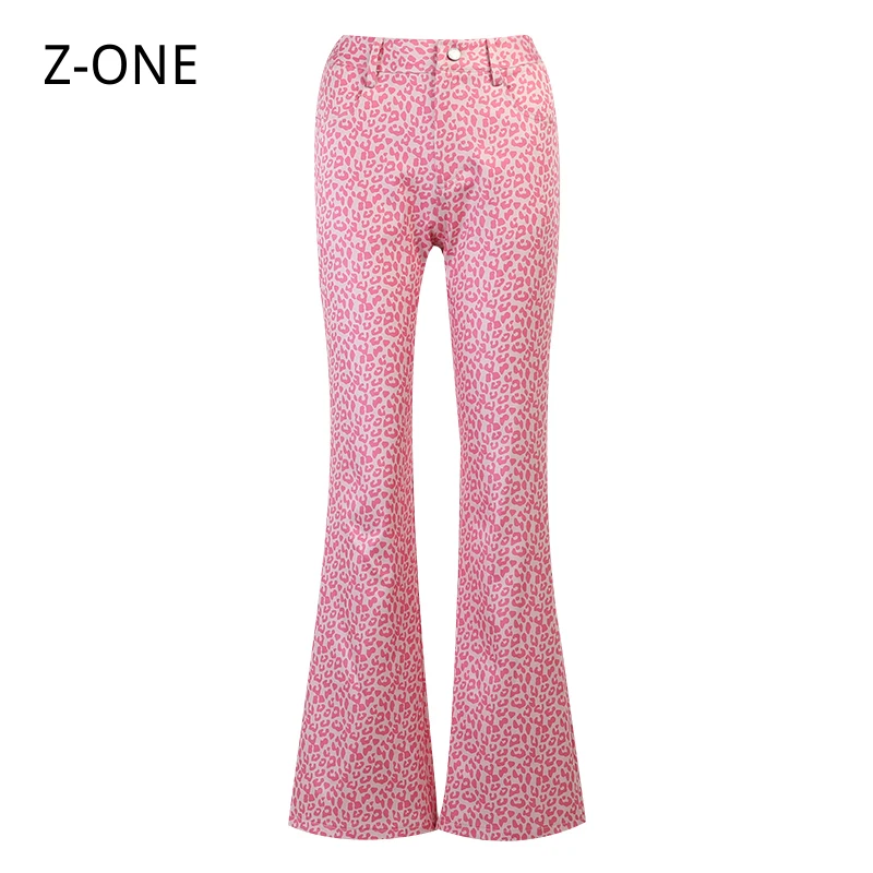 

Z-ONE 2021 Pink Pants Women Casual Floral Pant Women Hight Waist Long Skinny Printing Trousers Summer Flared Streetwear Pant