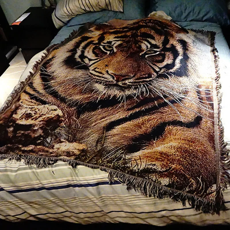 

Casual Blankets Tiger Printing Plush Blanket Cotton And Linen Sofa Leisure Carpet Retro Tassel Woven living Room Tapestry Deco