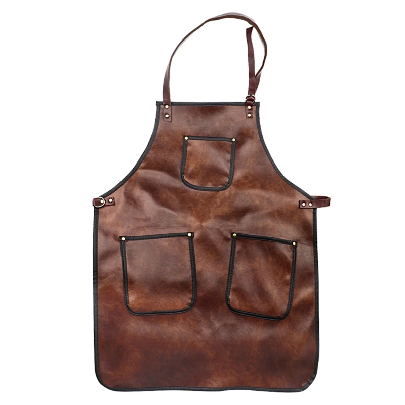

X7JA Professional Faux Leather Hairdresser Barber Apron Adjustable Cross-Back Strap Multi Pockets Waterproof Chef Cooking Bib