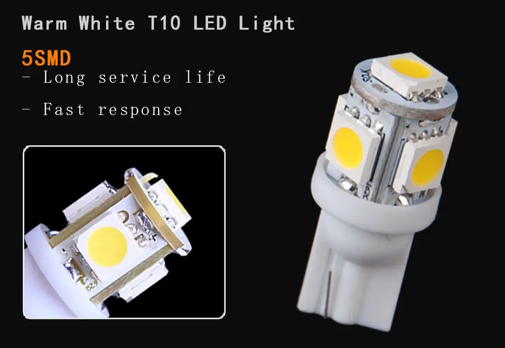 10 шт. T10 5050 5SMD 5 SMD теплый белый светодиодный автомобиль клиновая лампа света лампы