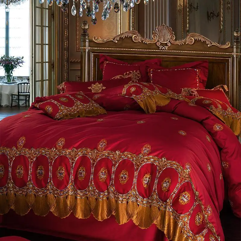

Egyptian Cotton Luxury Lace Golden Red Bedding set Queen King size Bed set Duvet cover Bed sheet set juego de cama linge de lit