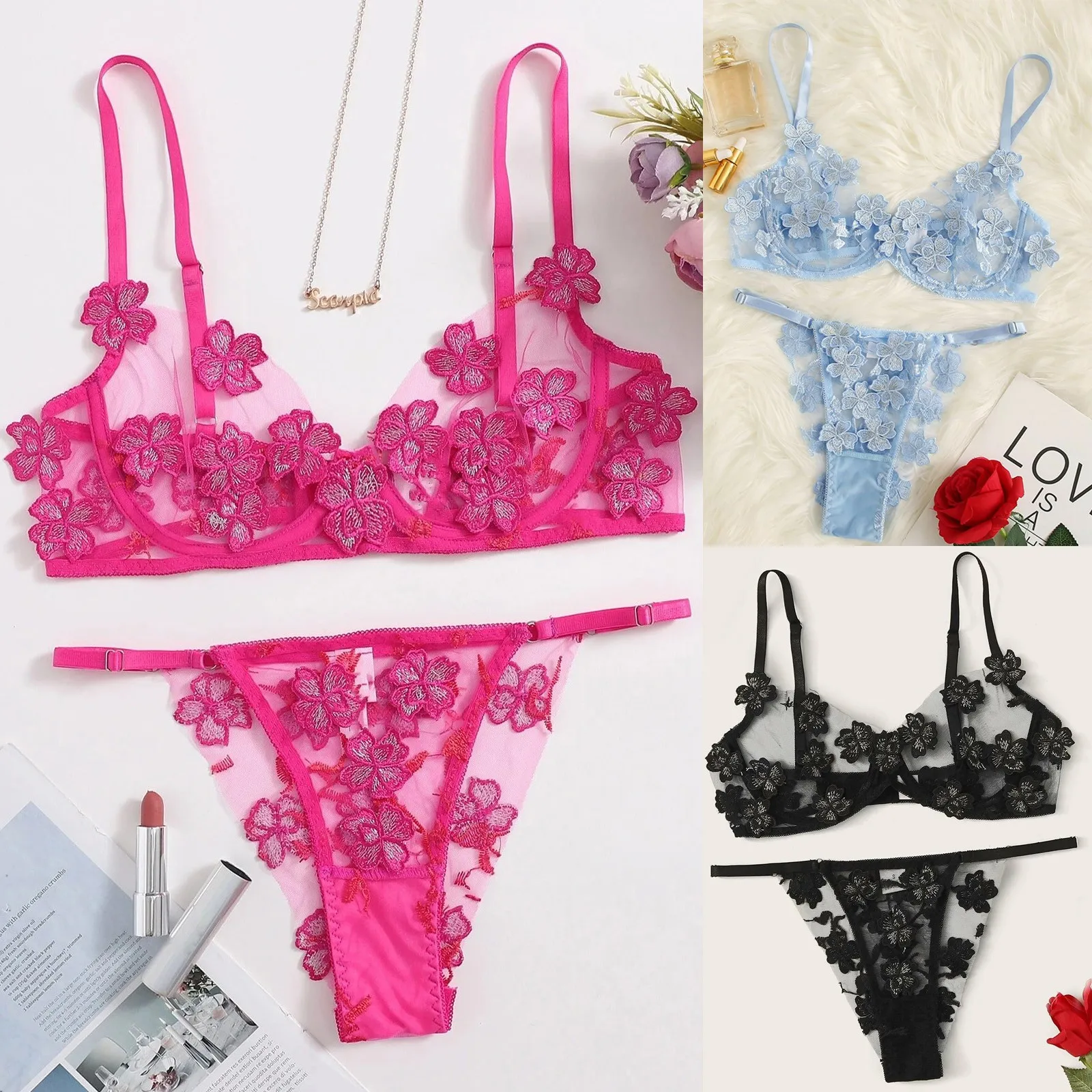 

Sexy G-string Flowers Embroidery Bralette Lace Bra Bodysuit Lingerie Set Solid Color Hollow Out Perspective Women Lingerie Set