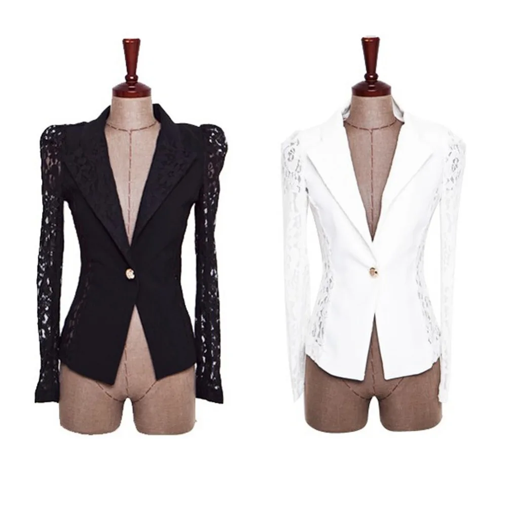 

Women Lapel Long Sleeve Lace Crochet Tops One Button Suit Coat