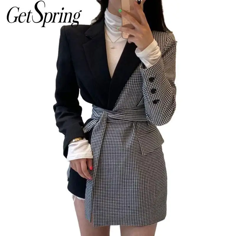 GetSpring Женский блейзер лоскутный клетчатый бандажный женский Блейзер с