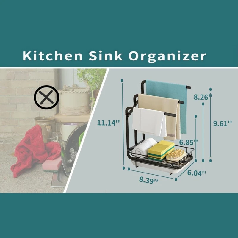 

K1KA Sponge Holder Kitchen Sink Countertop Organizer Rack for Sponge Brush Soap Dish Dishcloth with Detachable Water Tray