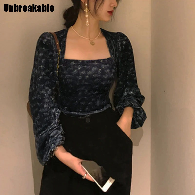 

Женская бархатная блузка с цветочным принтом, шикарная Корейская рубашка с длинным рукавом и квадратным вырезом, облегающие укороченные ру...