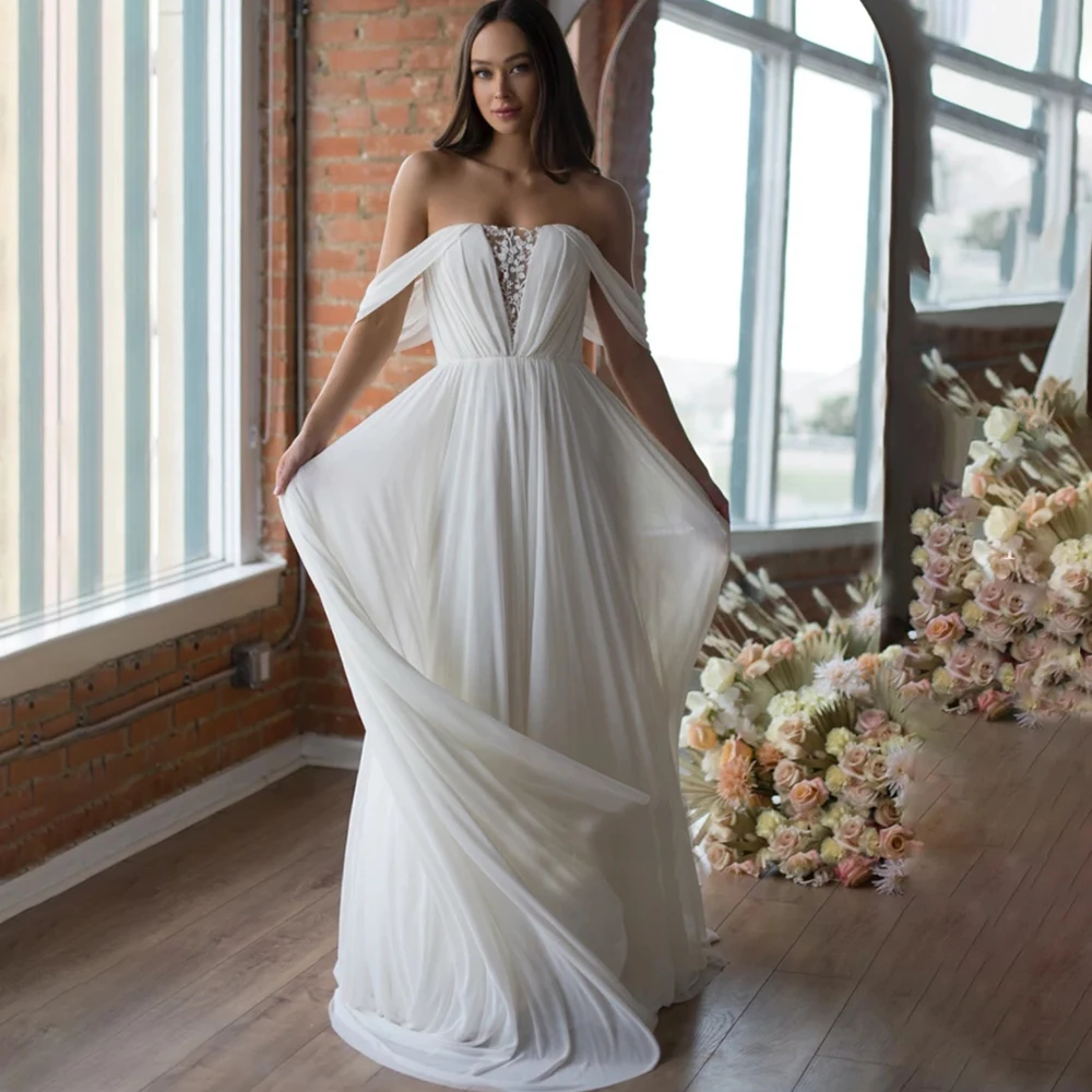 

Ruched Chiffon Off The Shoulder Wedding Dress Simple Lace Beach A Line 2021 Zipper Cheap Pleated Flutter Sleeves Bridal Gown