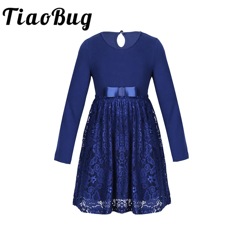 Детское кружевное платье с длинными рукавами и бантом для дня рождения осеннее