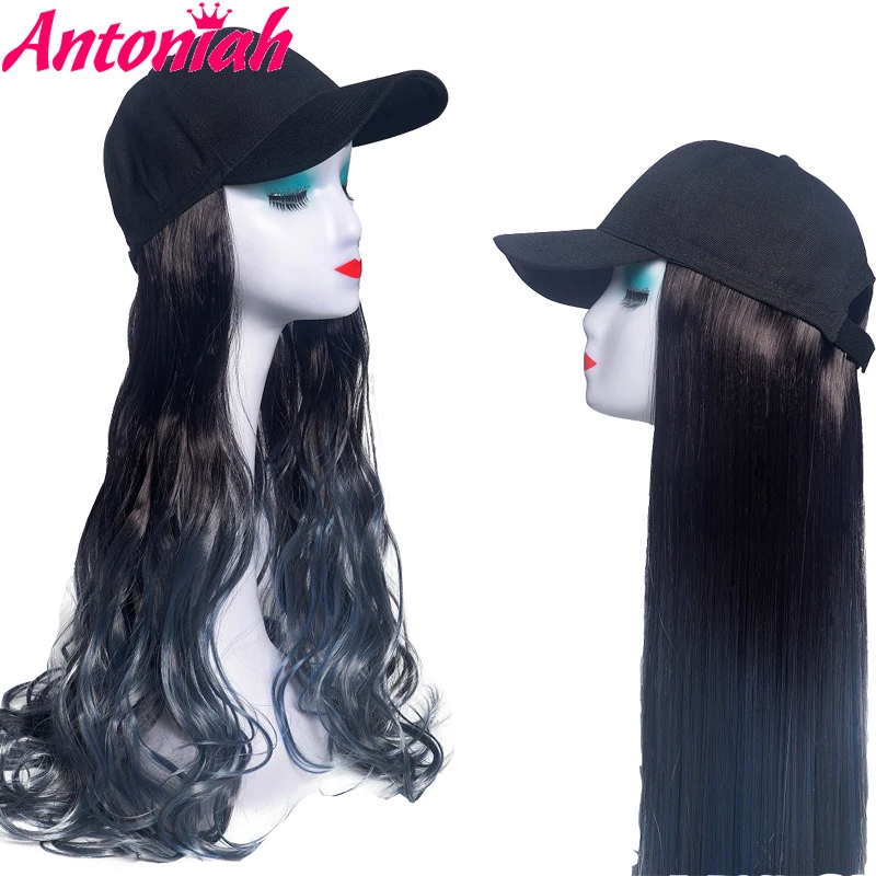 

ANTONIAH Baseball Caps Wig With Hair For Girl Party Adjustable Wavy Hair Extensions with Black Cap Haze Blue Wig Synthetic Hair