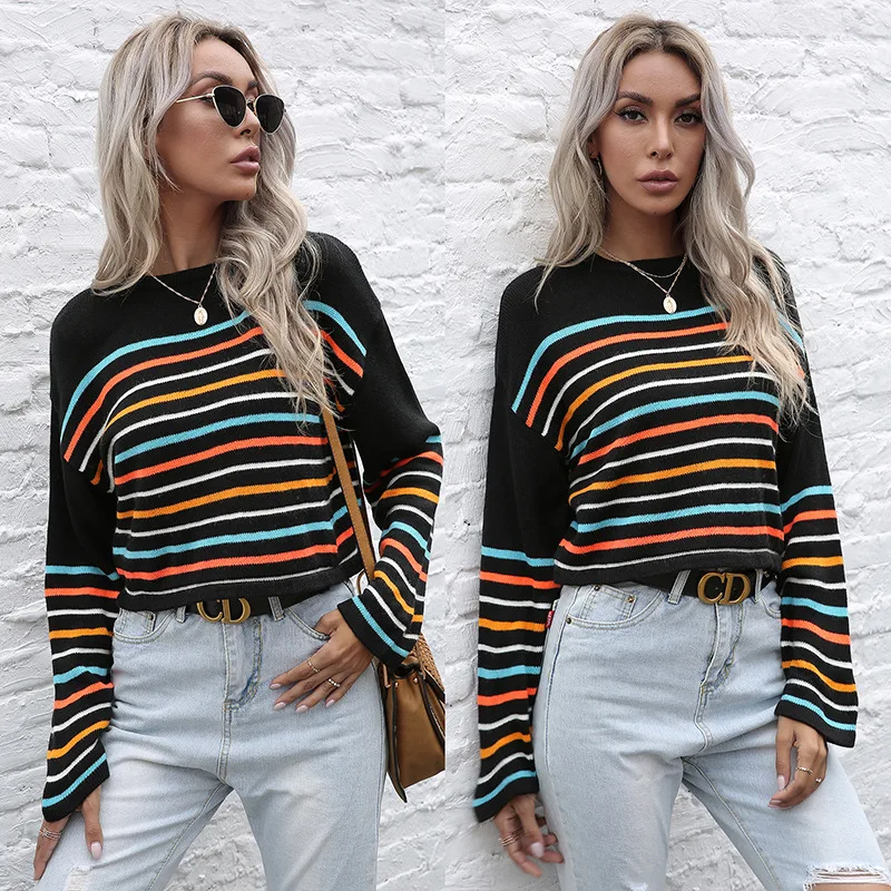 

Fashion Sweater Women's Fall 2021 Knitted Pullover Striped Long Sleeve Sweater Fall Clothes for Women 2020 Fashion Sexy XL