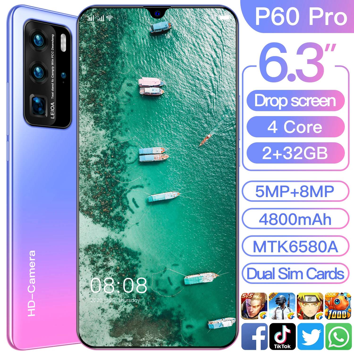 

Global Version PLTDP P60 pro 2GB+32GB ROM Mobile Phone Android 6.0 4800mAh Cellphone 6.3inch Waterdrop Screen Smartphone