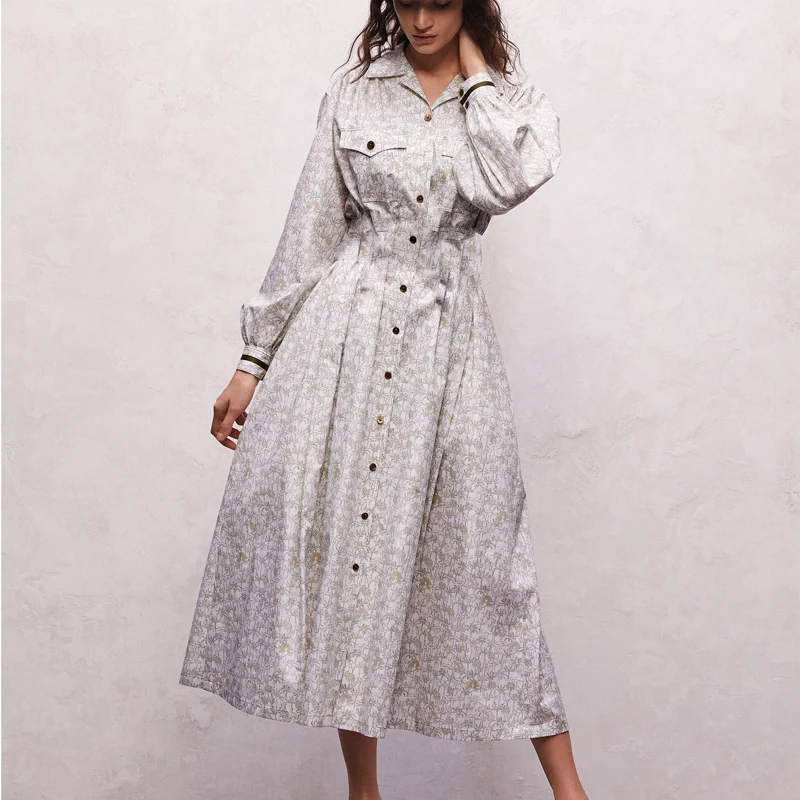 

Spring New Style Retro Print Flowers Long Sleeves Single Breasted Belt Slim Temperament Pleated Mid-Length Dress High Quality