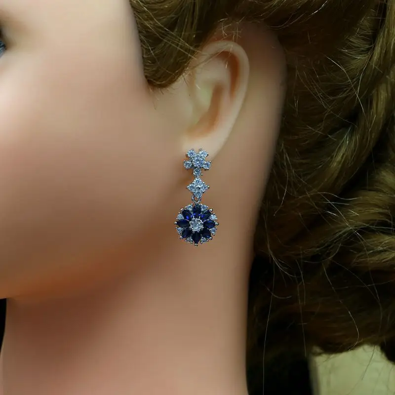 Модные длинные серьги из стерлингового серебра 925 пробы с голубым камнем и белым