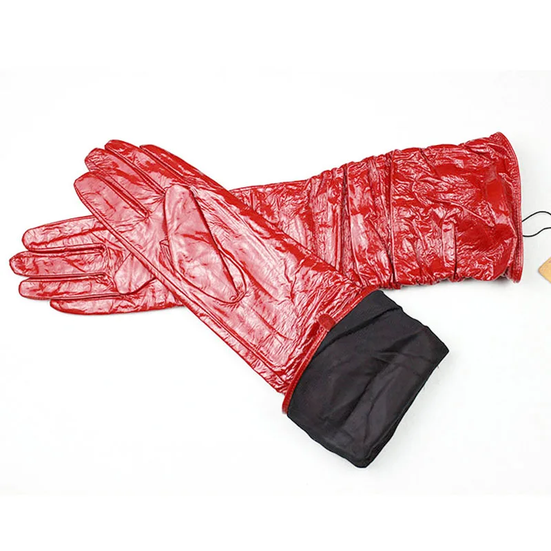 Настоящие новые Guantes длинные кожаные перчатки женские из овчины локоть лакированная бархатная подкладка Теплые щитки для рук