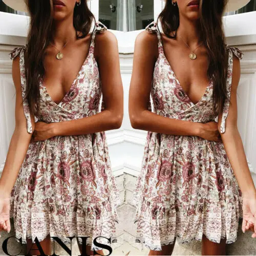 Boho шифоновое мини платье женское Ретро Цветочный Принт без рукавов летние