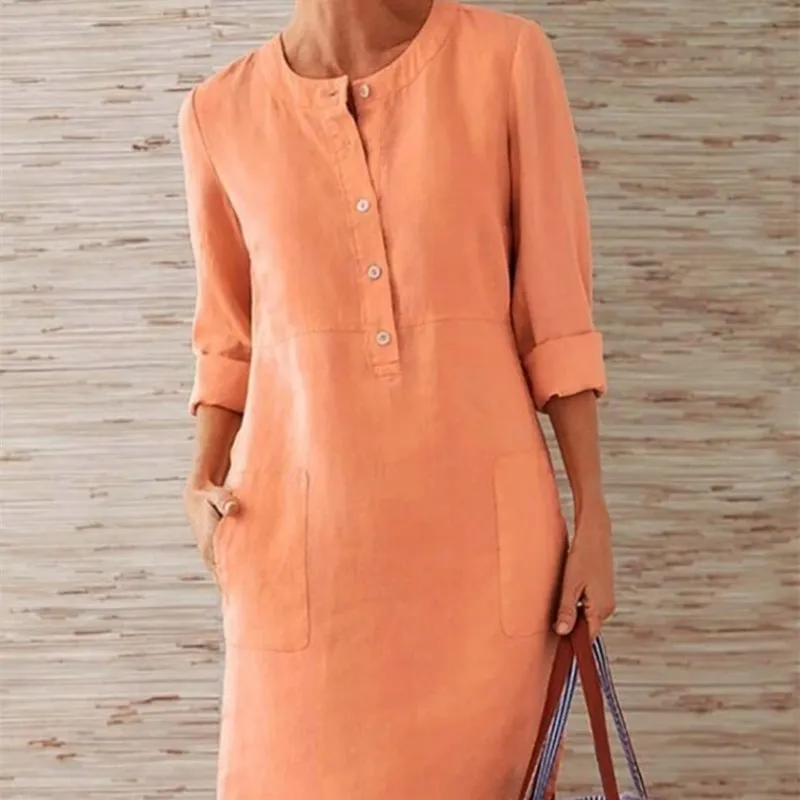 

2021 fashion autumn women's MIDI dress women's solid color loose cotton hemp new o-neck long sleeve casual dress vestidos