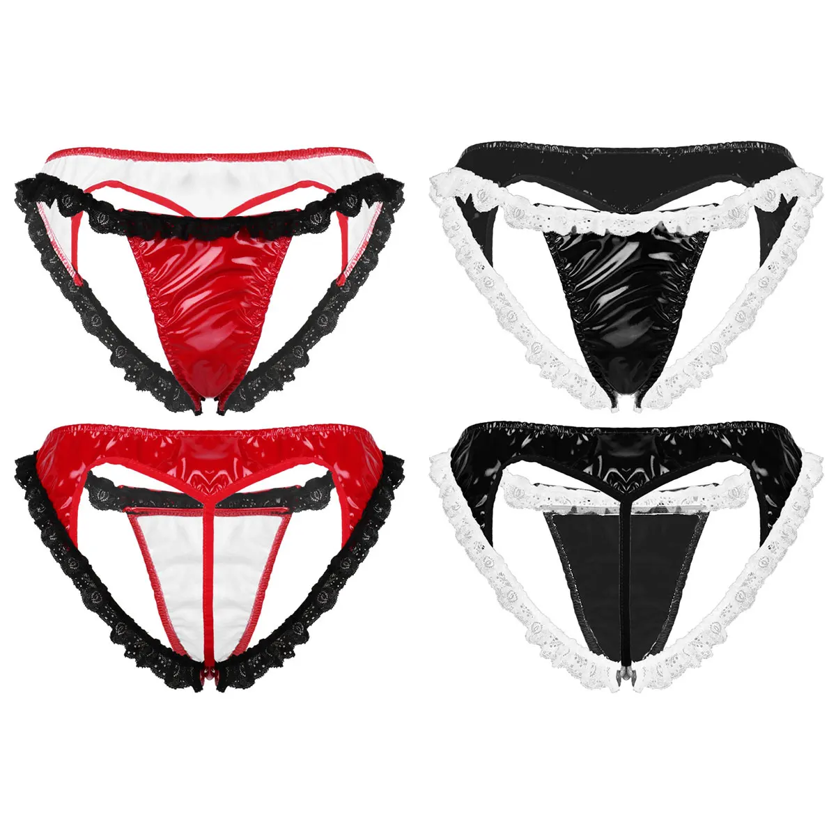 

Women Open Butt Underwear Wet Look Patent Leather Lingerie Low Rise Heart Shaped Lace Trim G-string Briefs Panties Underpants