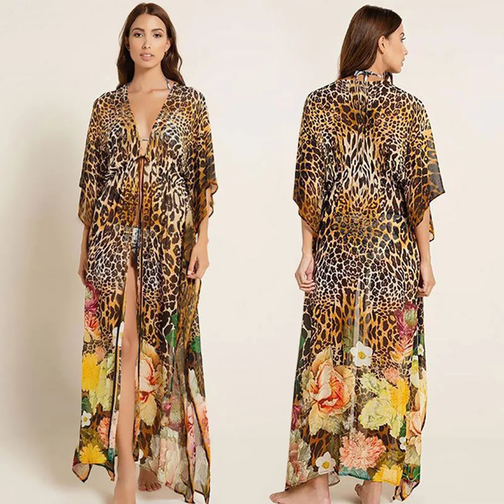 

2022 богемная накидка на бикини с леопардовым принтом парео длинная туника шифоновый халат для отдыха женская пляжная одежда для отдыха купа...