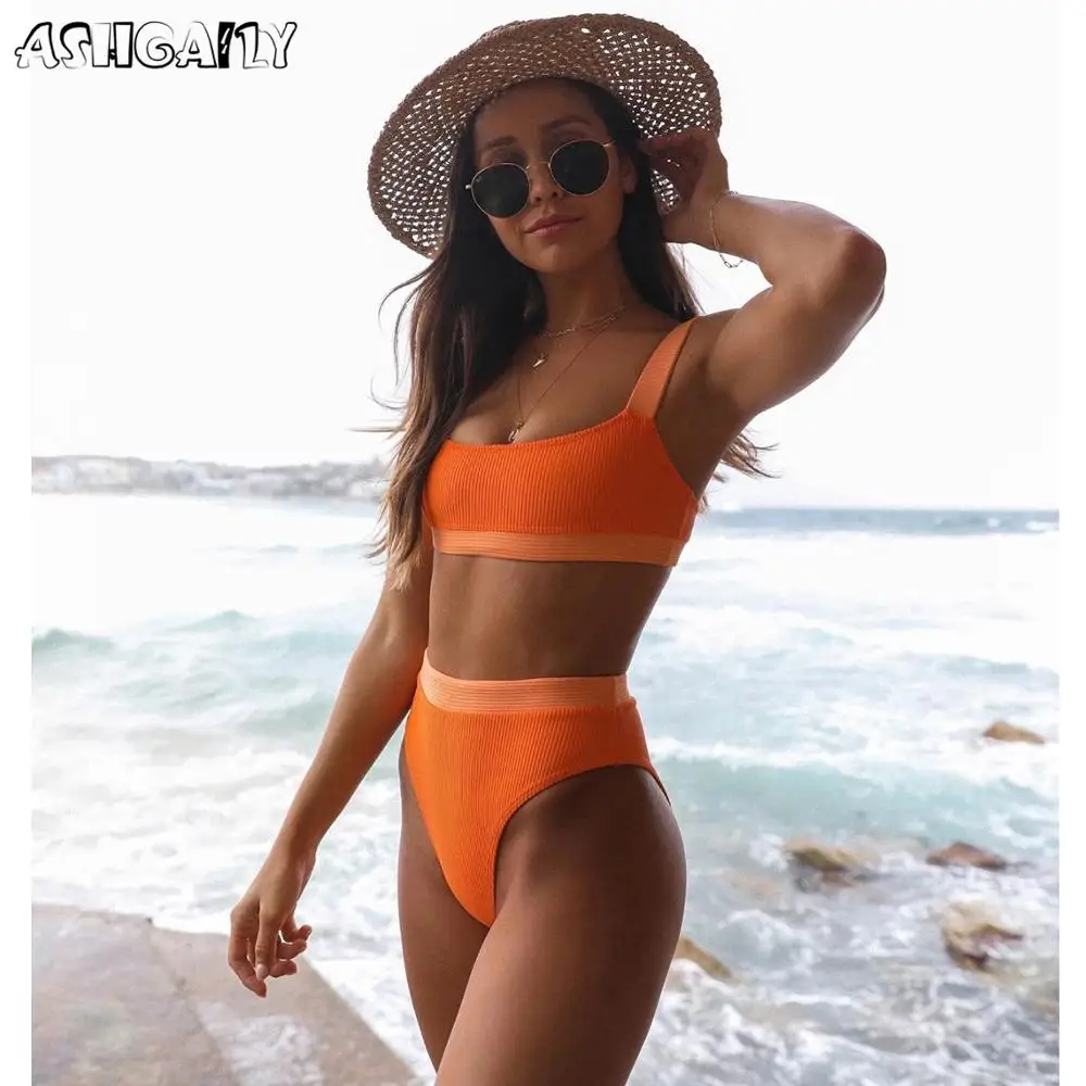 Сексуальный купальник в рубчик Женский комплект бикини бандо 2020 однотонный