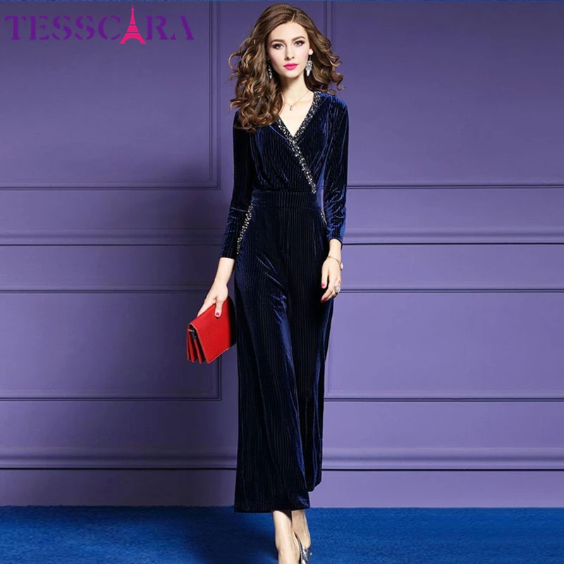 Женский бархатный комбинезон TESSCARA элегантный офисный с бисером комбинезоны и