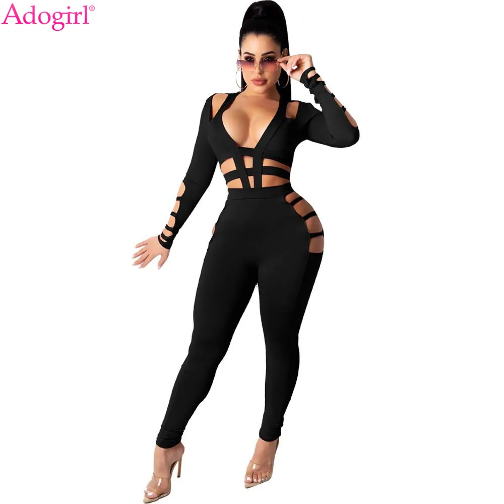 

Adogirl 2021 Sexy Solid Hollow Out Bodycon Jumpsuit V Neck Long Sleeve Waist Cut Skinny Romper Club Autumn Outdoor One Piece