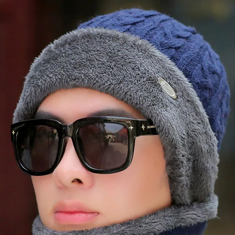 Брендовые зимние шапки для мужчин Skullies Beanies Мужская зимняя вязаная шапка из крученой пряжи шарф из шерсти женская маска капота мужская шапка - Цвет: navy Hat