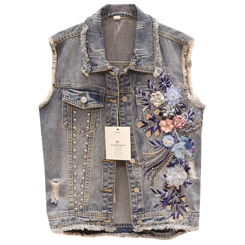 Джинсовый женский жилет 2020 осенняя Новинка корейская мода вышивка бисером цветы