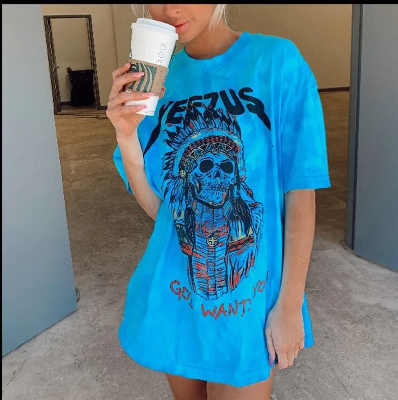 

Blue Skull Letter Print American Fashion Vintage Woman Tshirts Loose Pullover Harajuku Short Sleeve Summer Tops Streetwear