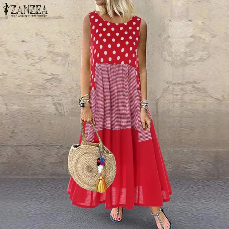 ZANZEA 2021 Summer Sundress Women Bohemian Printed Vest Dress Female Sleeveless Pacthwork Long Vestido Robe Femininas Sarafans | Женская